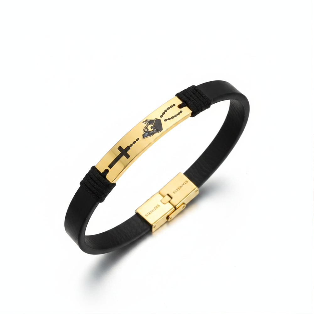 Black leather stainless steel cross bracelet on white background