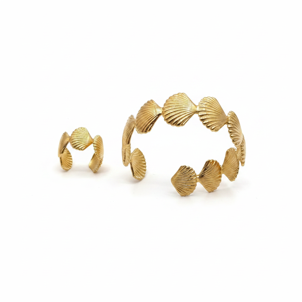 Seashell Cuff Bangle and Ring Set - gold plated stainless steel on white background