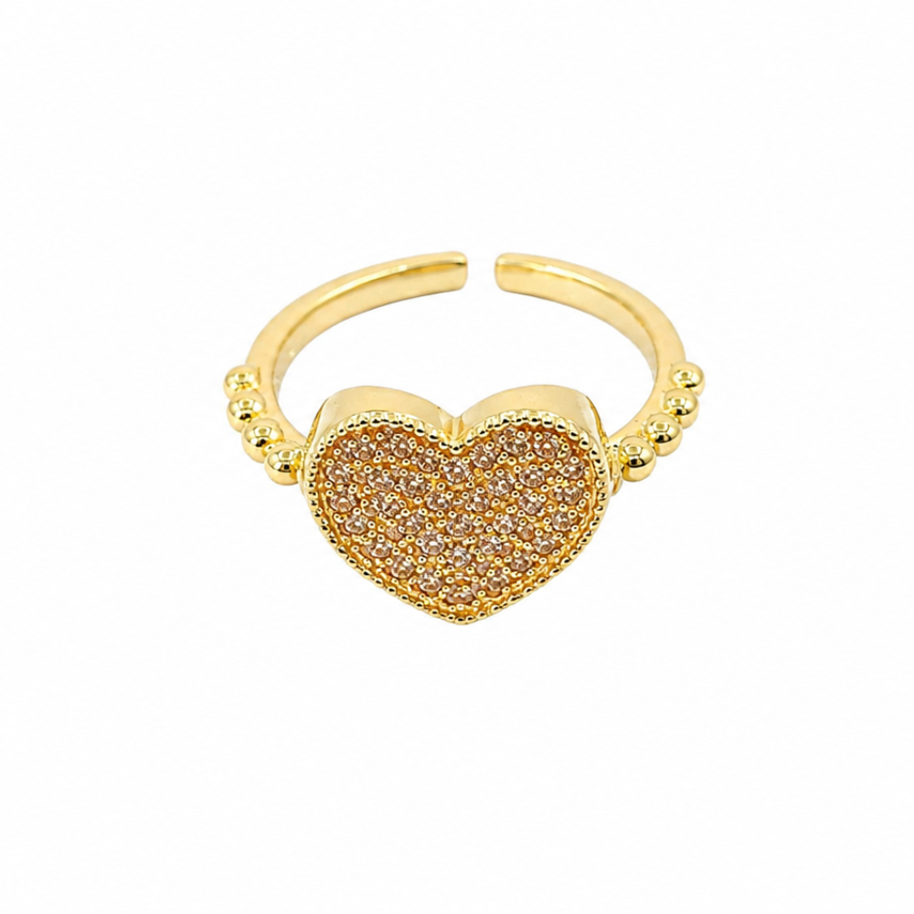 Gold-plated fully zircon-paved heart ring with champagne stones and gold bead accents on open bypass band, white background 