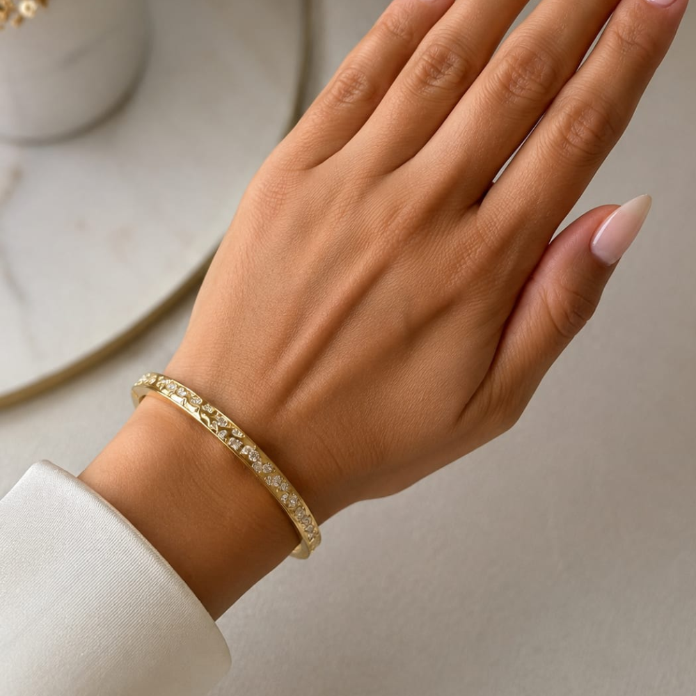 Crystal Studded Gold Bangle - gold plated stainless steel worn on wrist