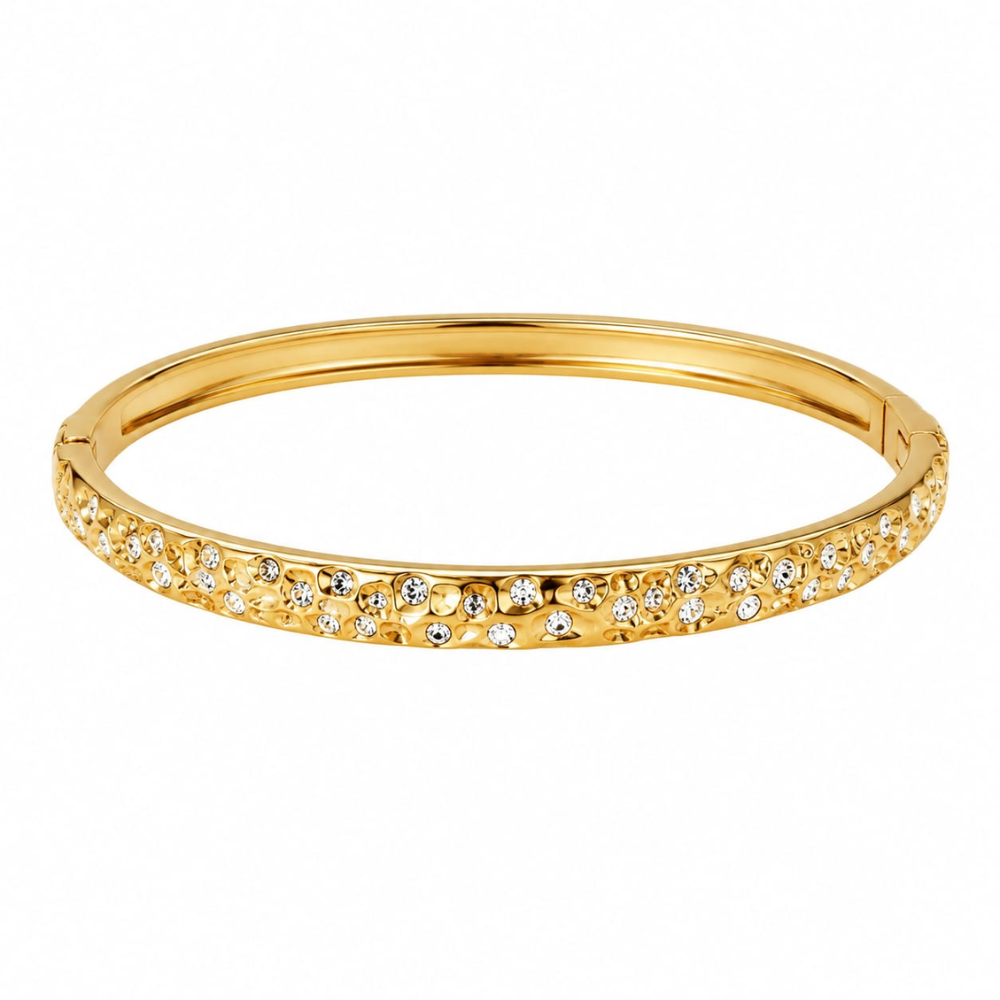 Crystal Studded Gold Bangle - 18K gold plated stainless steel on white background