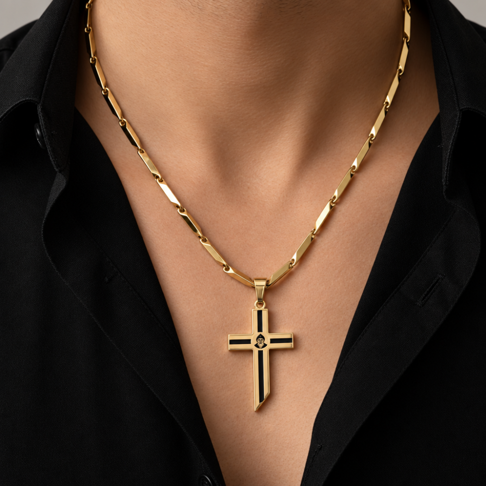 Layered Cross Pendant Necklace with gold and black  saint charbel cross