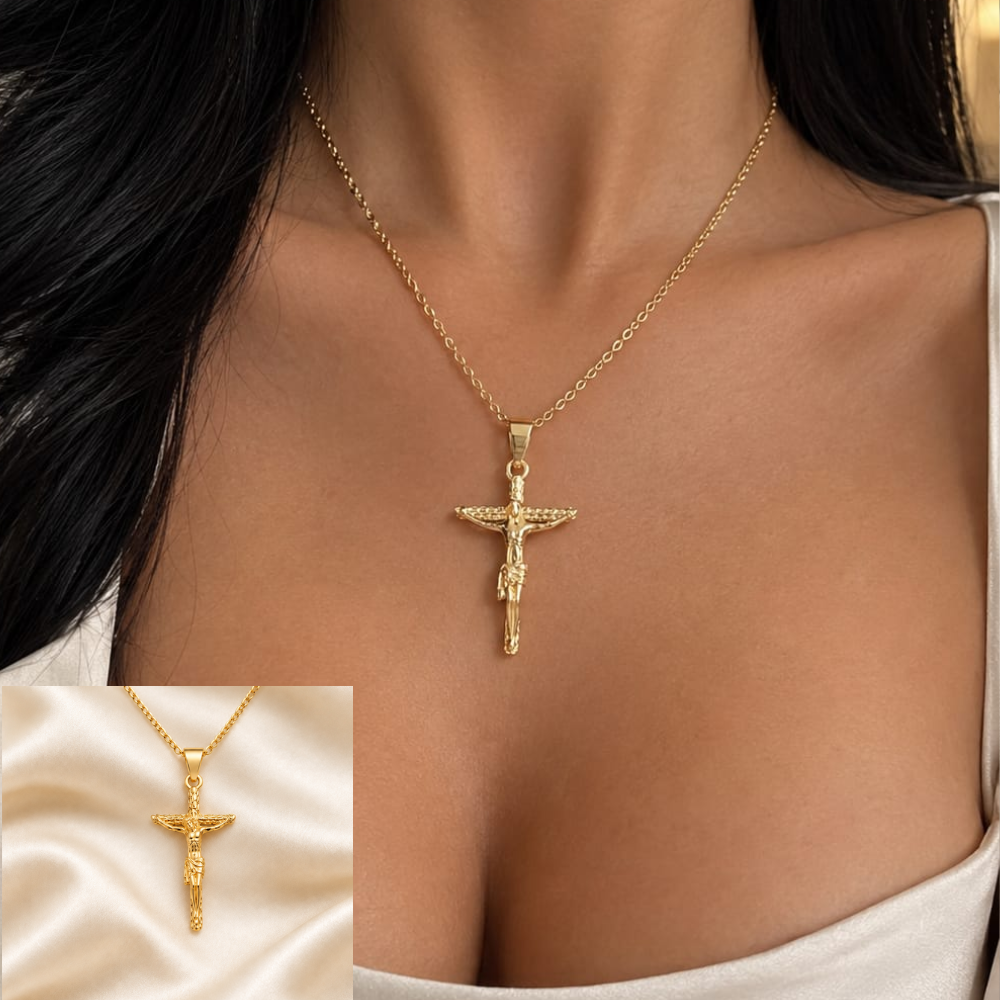 Gold-plated stainless steel Jesus cross necklace worn on a model