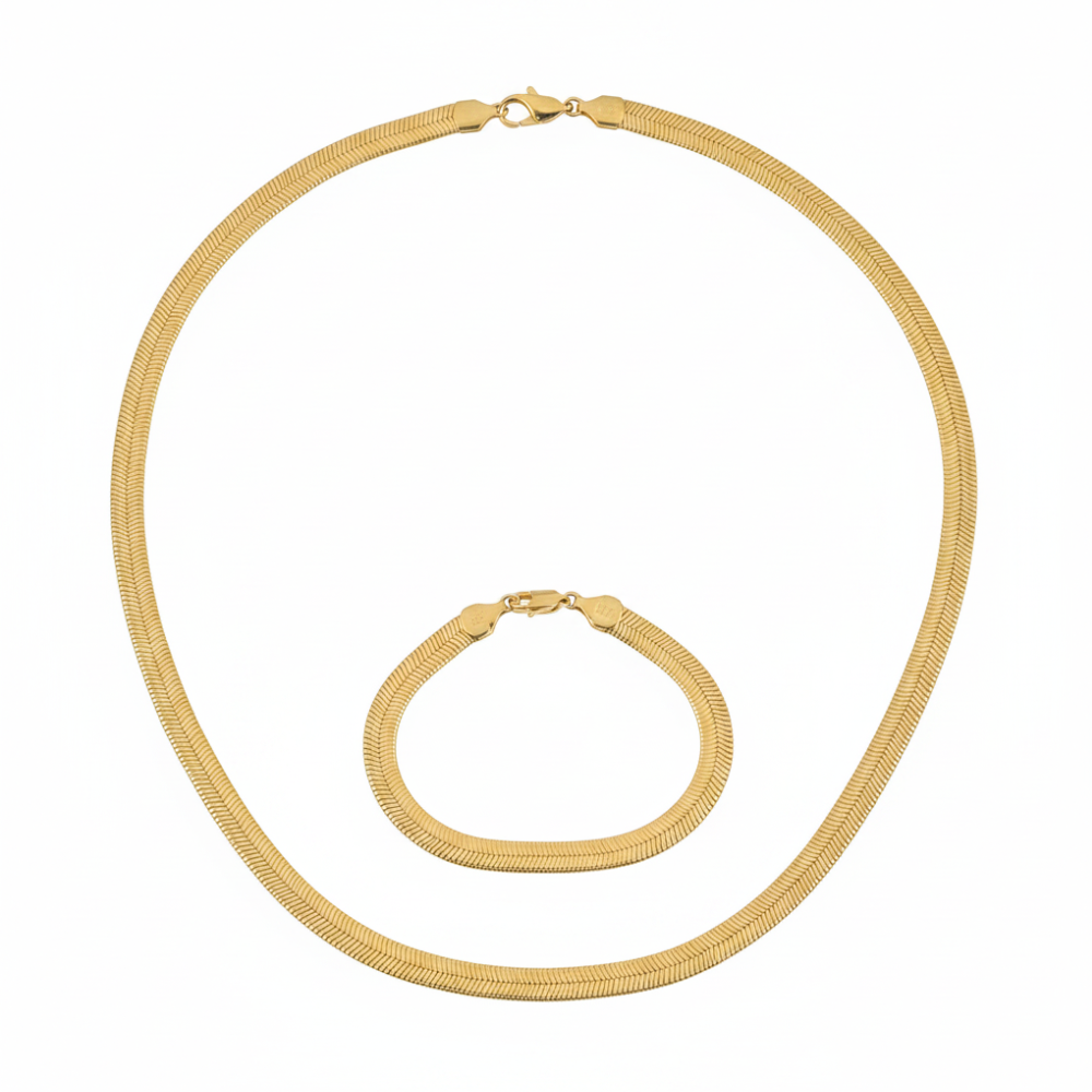 Model wearing the gold herringbone necklace and bracelet set