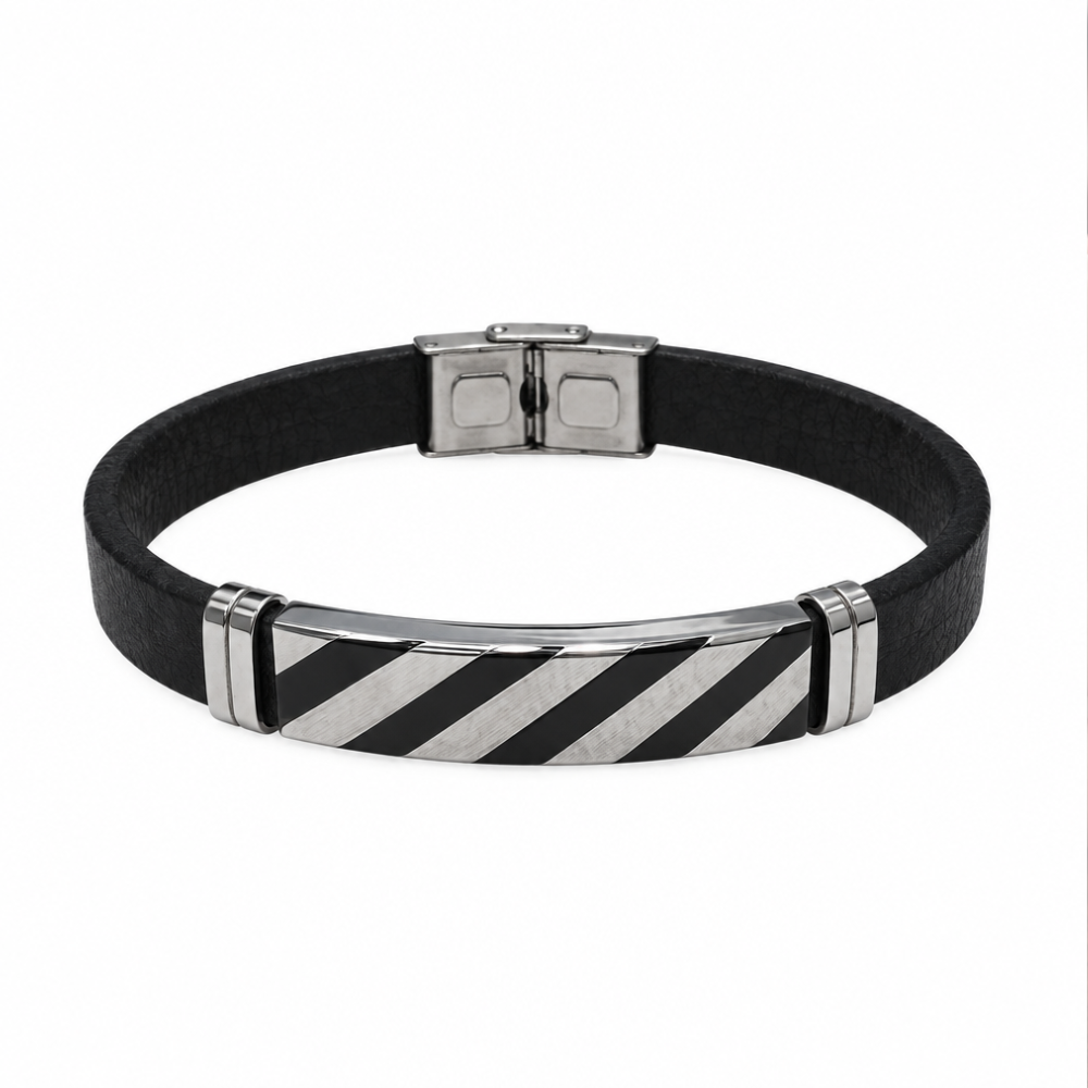 Men's black leather bracelet with black and silver stainless steel plate