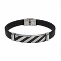 Men's black leather bracelet with black and silver stainless steel plate