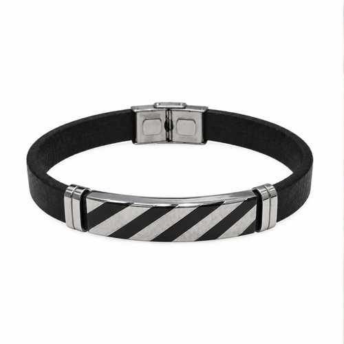 Men's black leather bracelet with black and silver stainless steel plate