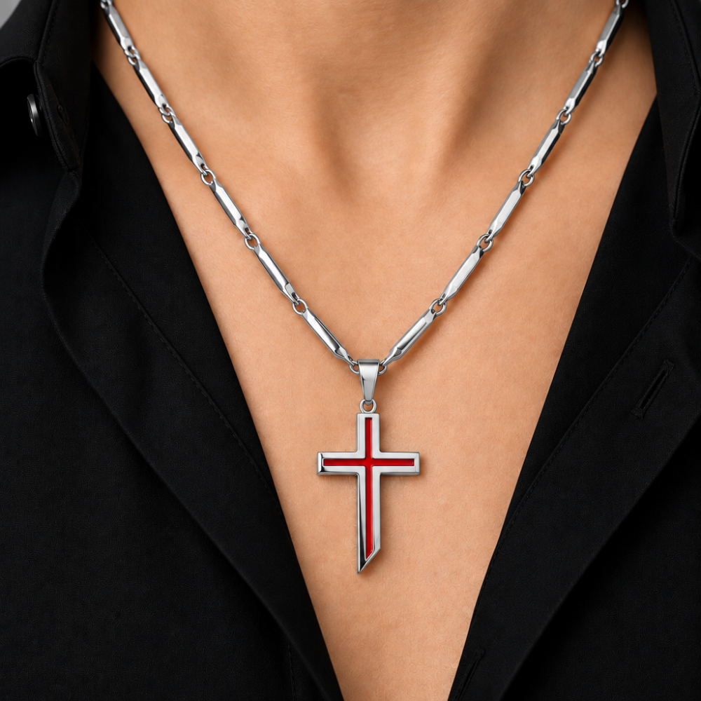 Layered Cross Pendant Necklace with silver and red cross