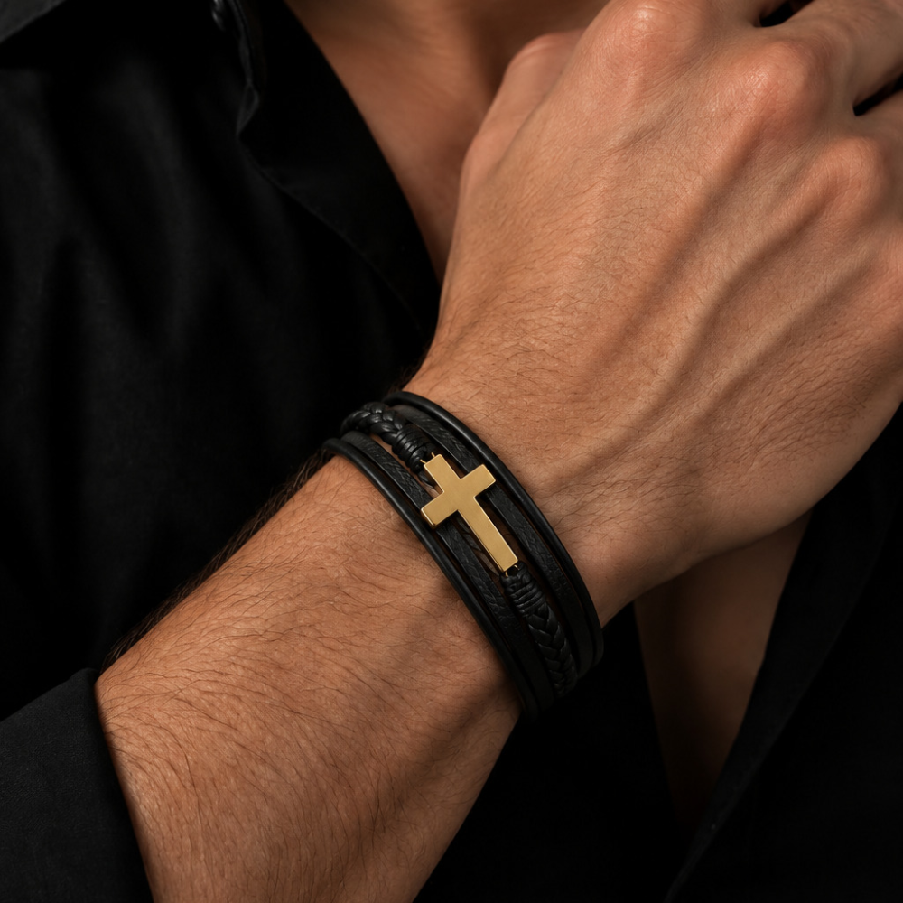Guardian black leather bracelet with stainless steel cross product photo