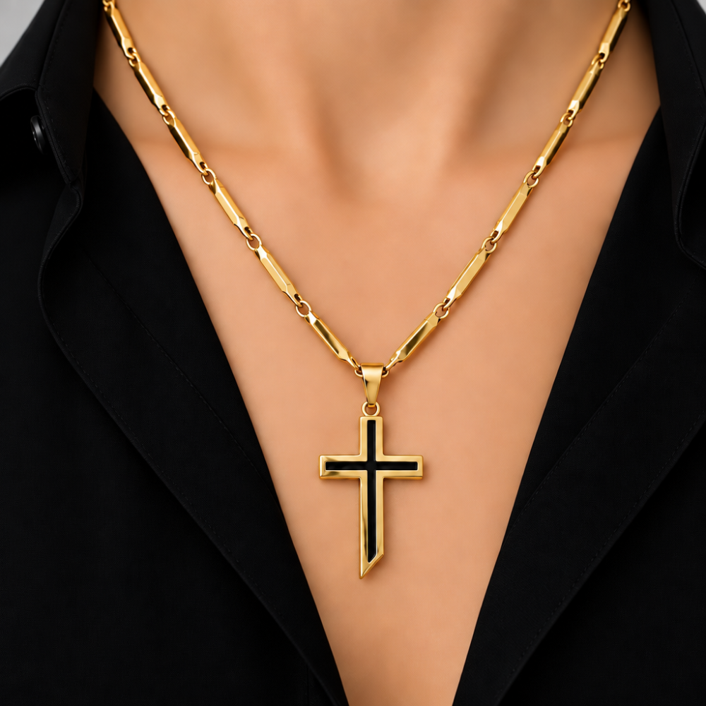 Layered Cross Pendant Necklace with gold and black  cross
