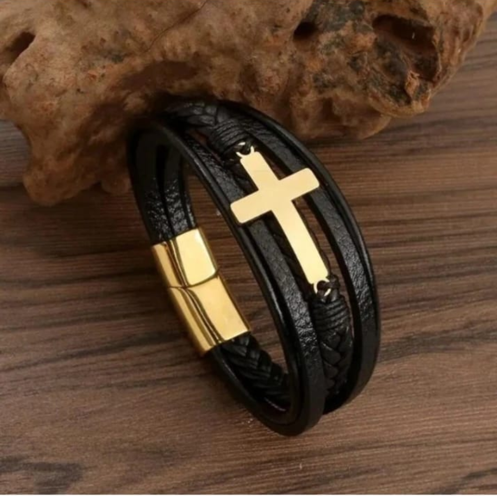 Guardian black leather cross bracelet with stainless steel cross worn on a man's wrist
