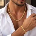 Gold-tone rope chain necklace and matching bracelet on a white background