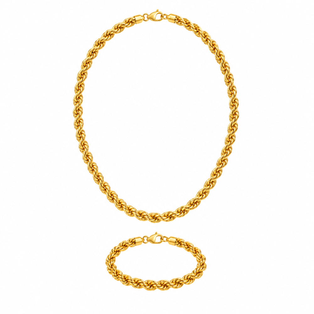 Gold-tone rope chain necklace and bracelet worn together