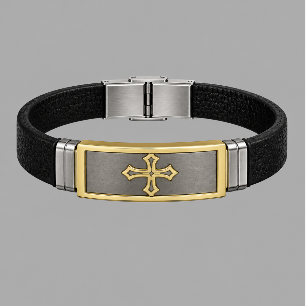 gold-silver-cross-leather-bracelet