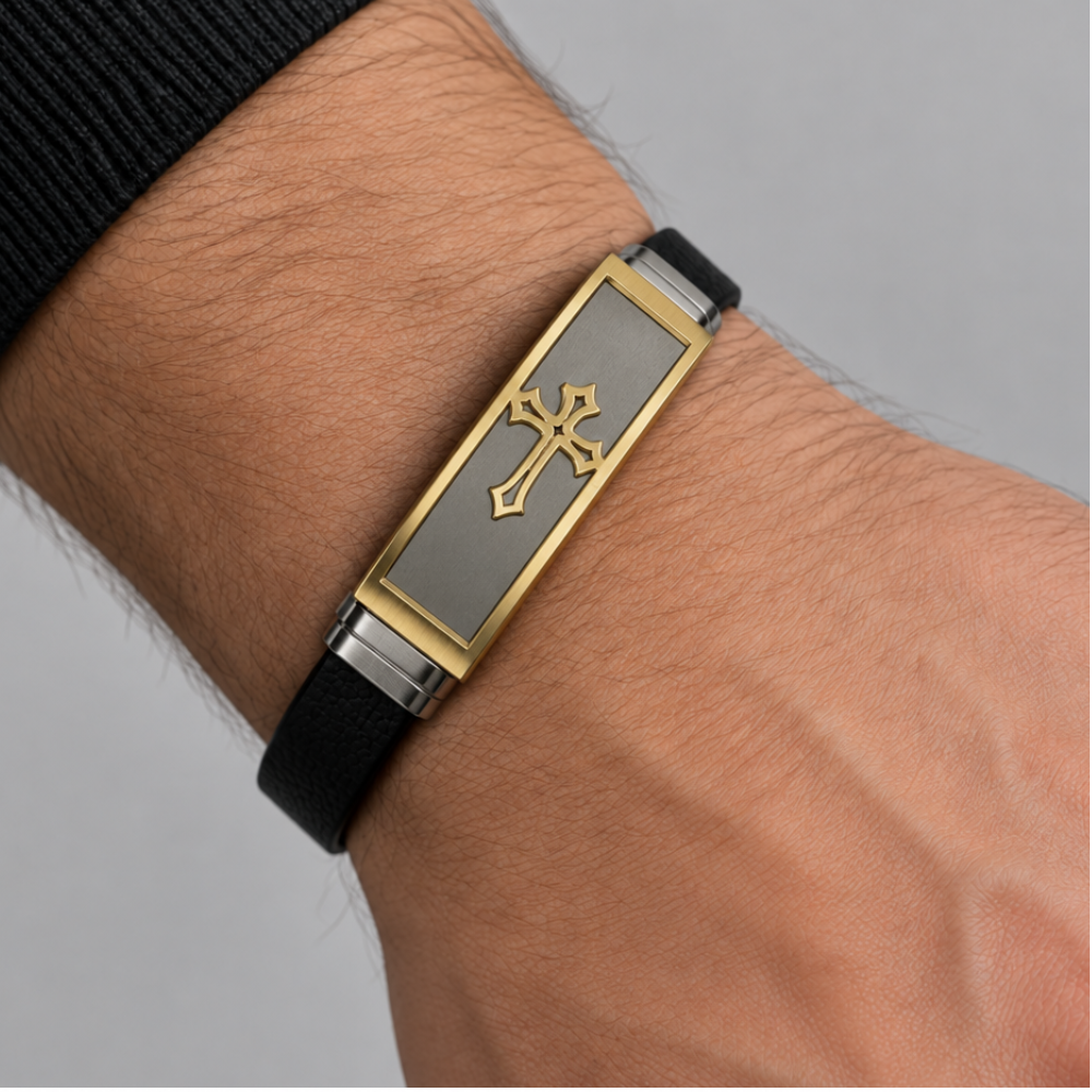 gold-silver-cross-leather-bracelet