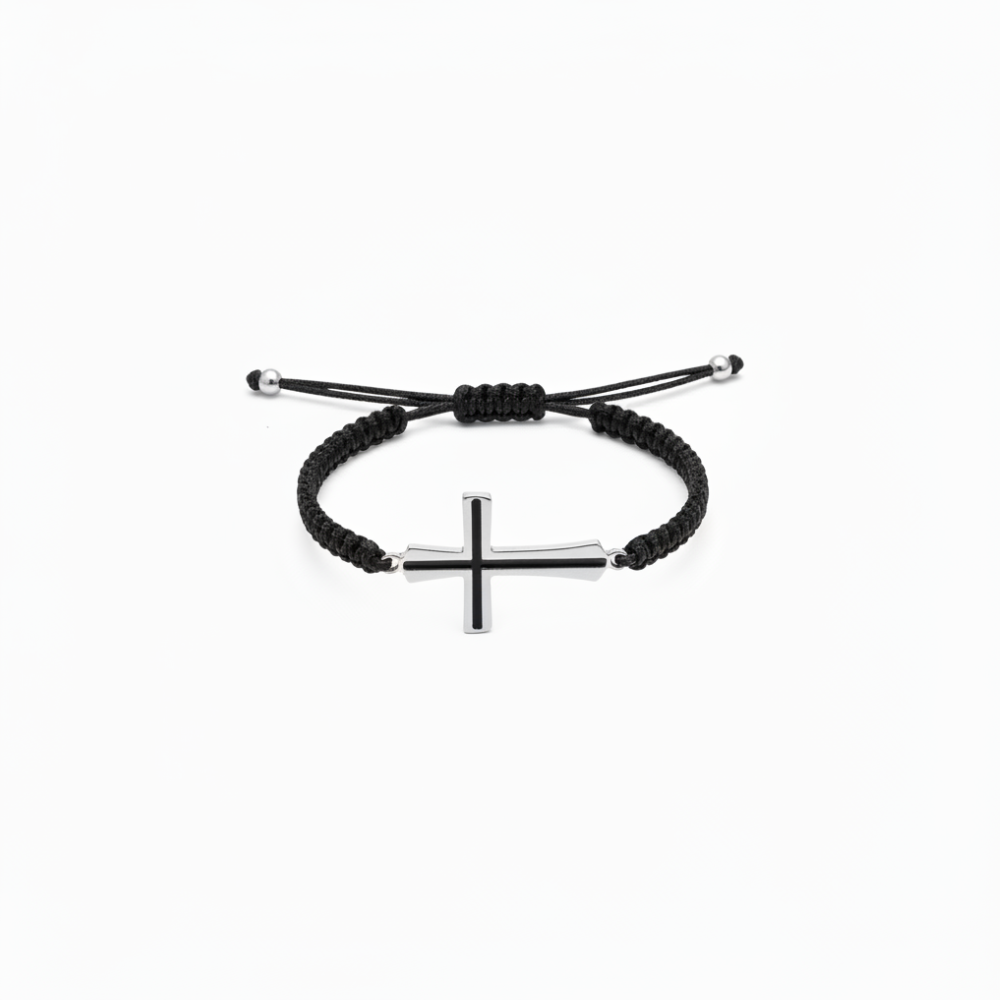 Black enamel cross bracelet silver on black macramé cord white background