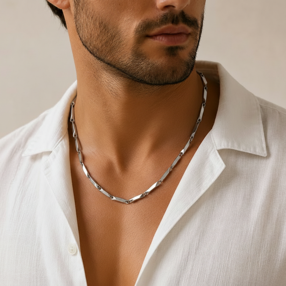 Silver stainless steel chain necklace on man
