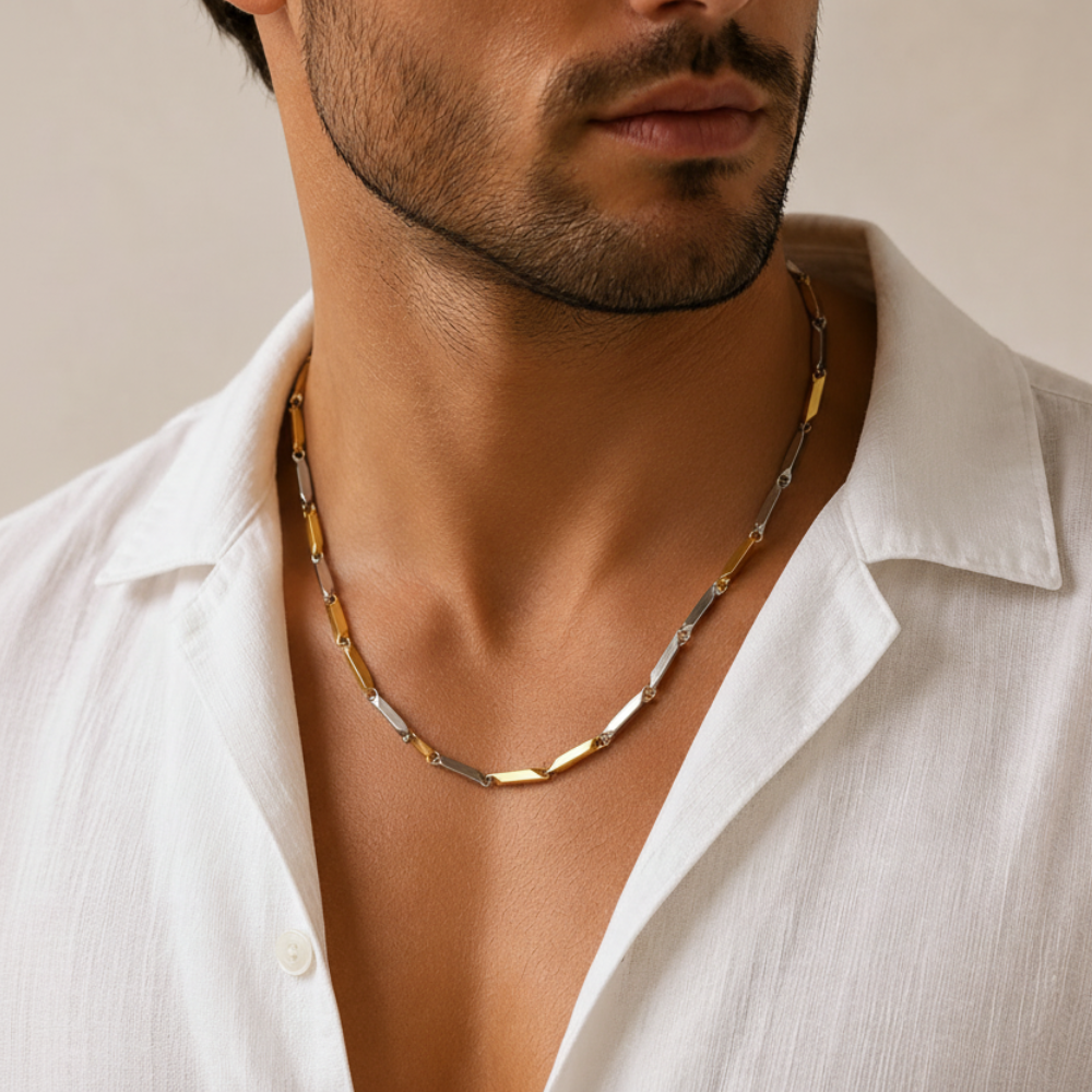 Gold and silver stainless steel chain necklace on man