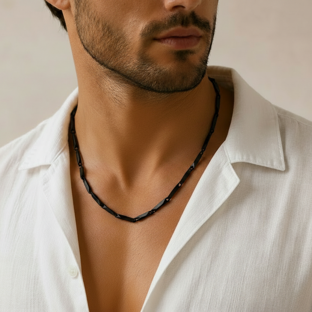 Black stainless steel chain necklace on man