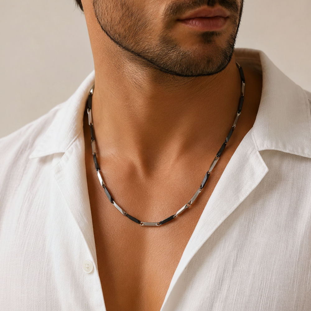 Two-tone stainless steel chain necklace on man