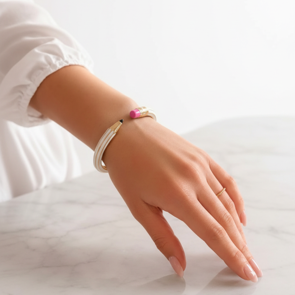 Pencil bangle bracelet white with pink eraser on wrist