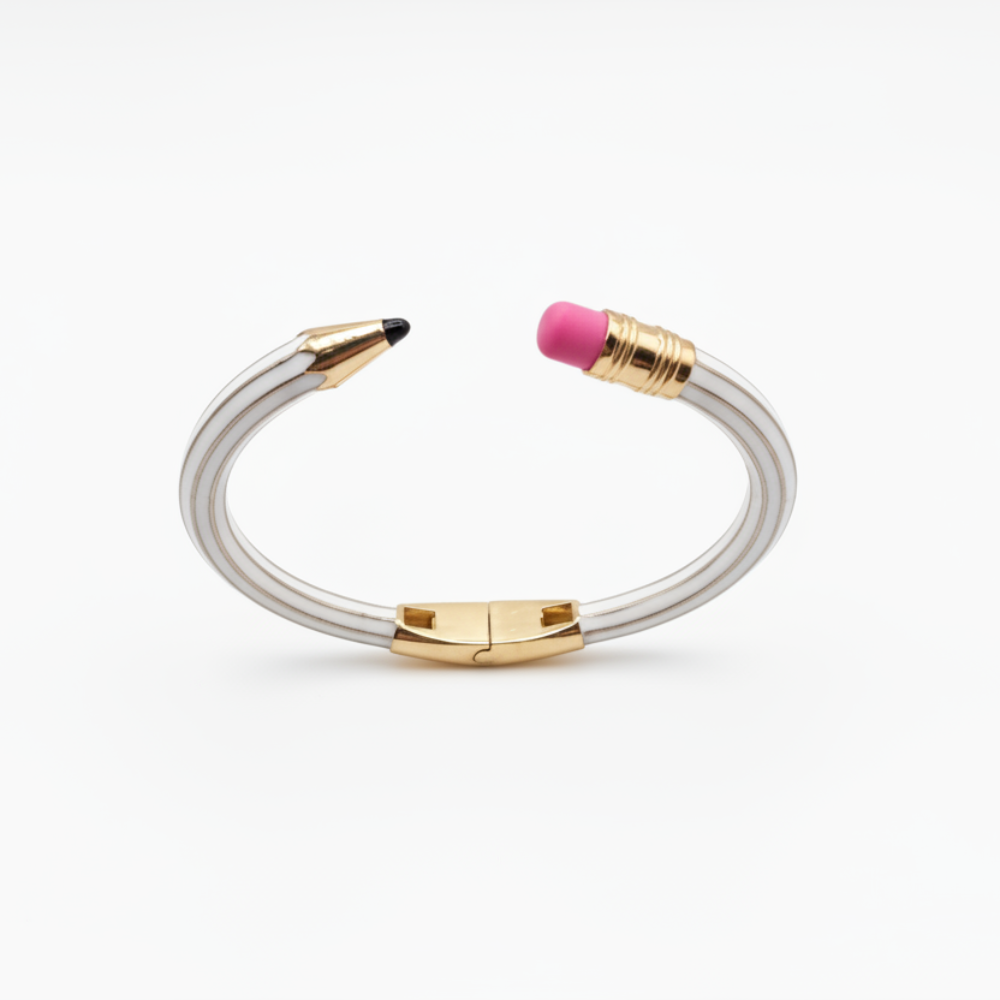 Pencil bangle bracelet white with pink eraser on white background