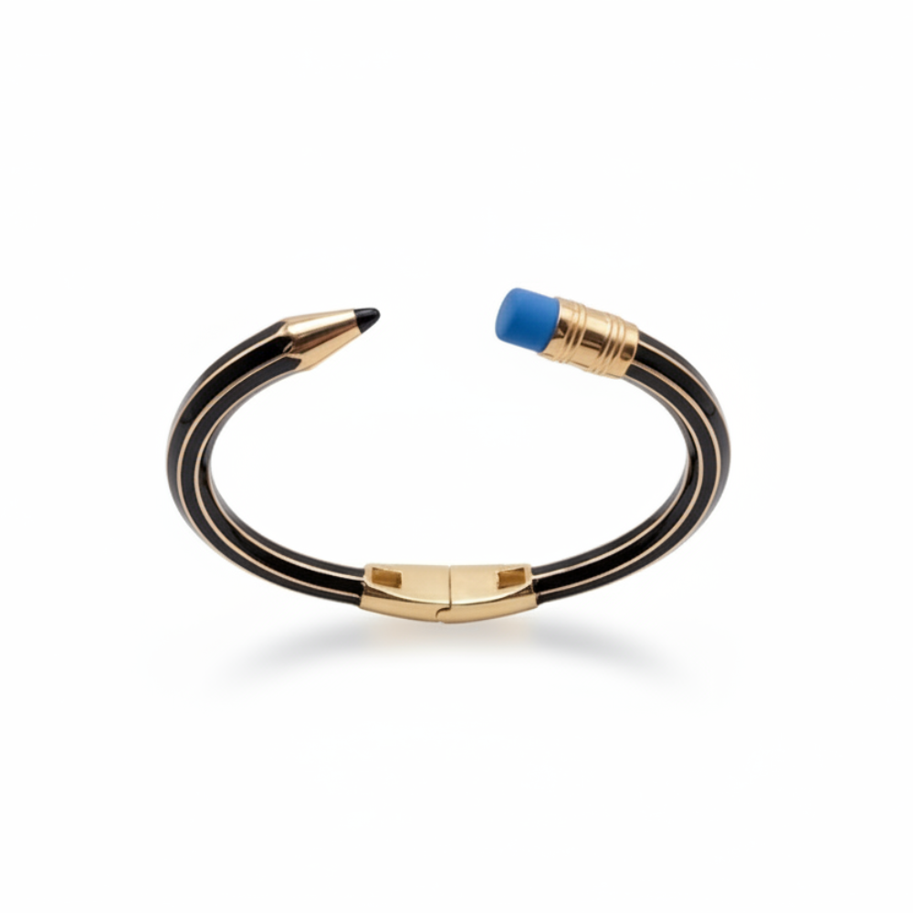 Pencil bangle bracelet black with blue eraser on white background