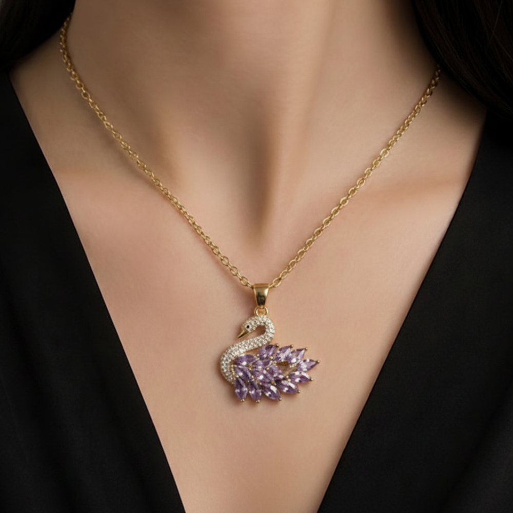 Swan Crystal Necklace in Purple – gold-plated chain with purple marquise crystal swan
