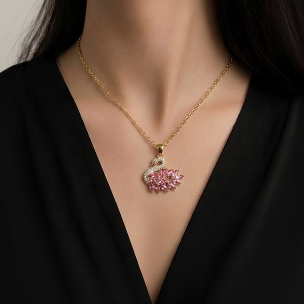 Swan Crystal Necklace in Pink – gold-plated chain with pink marquise crystal swan
