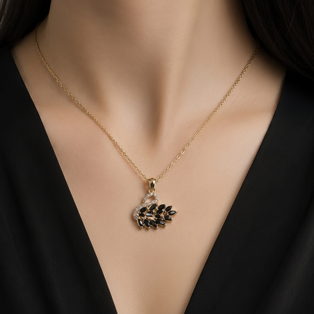Swan Crystal Necklace in Black – gold-plated chain with black marquise crystal swan

